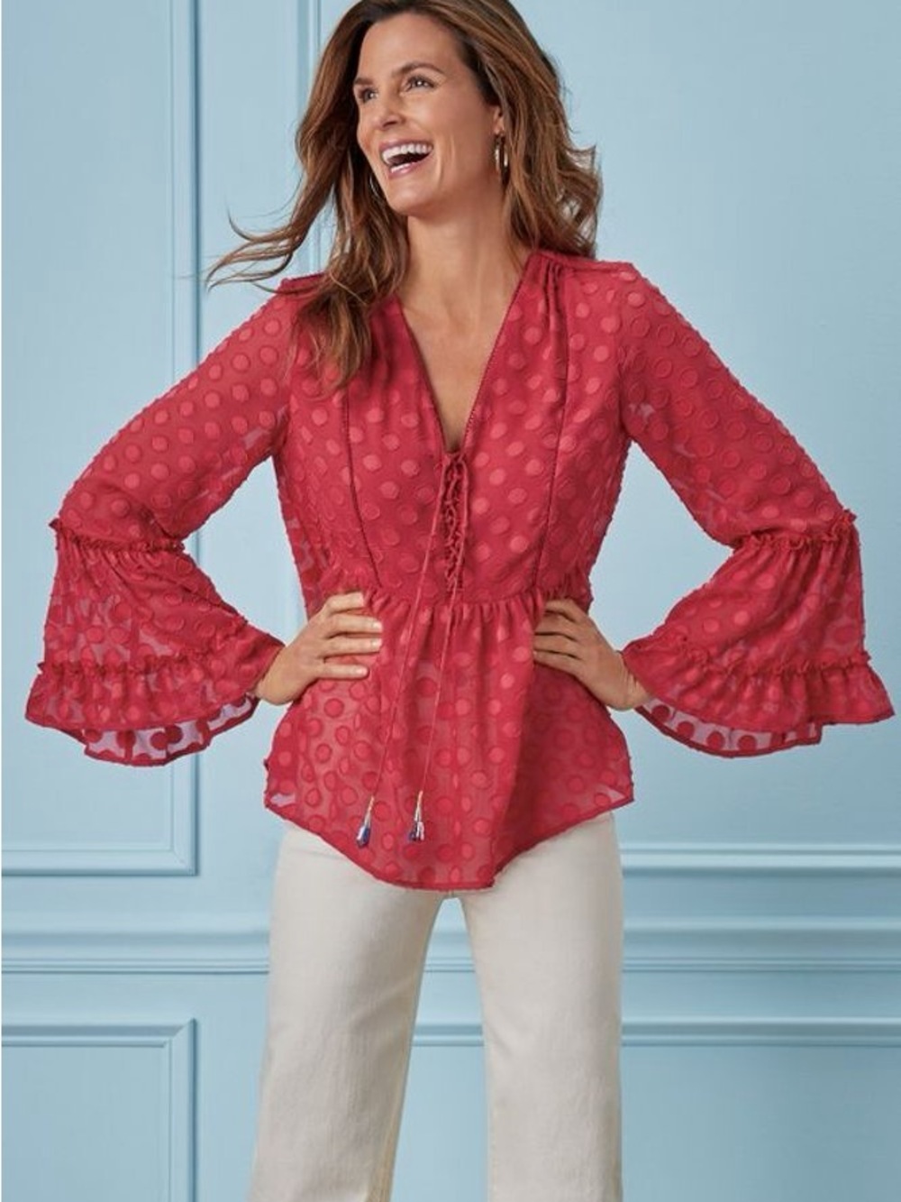 NWT Soft Surroundings Besito Red Polka Dot Lace Up Neckline Peplum Top Blouse XL